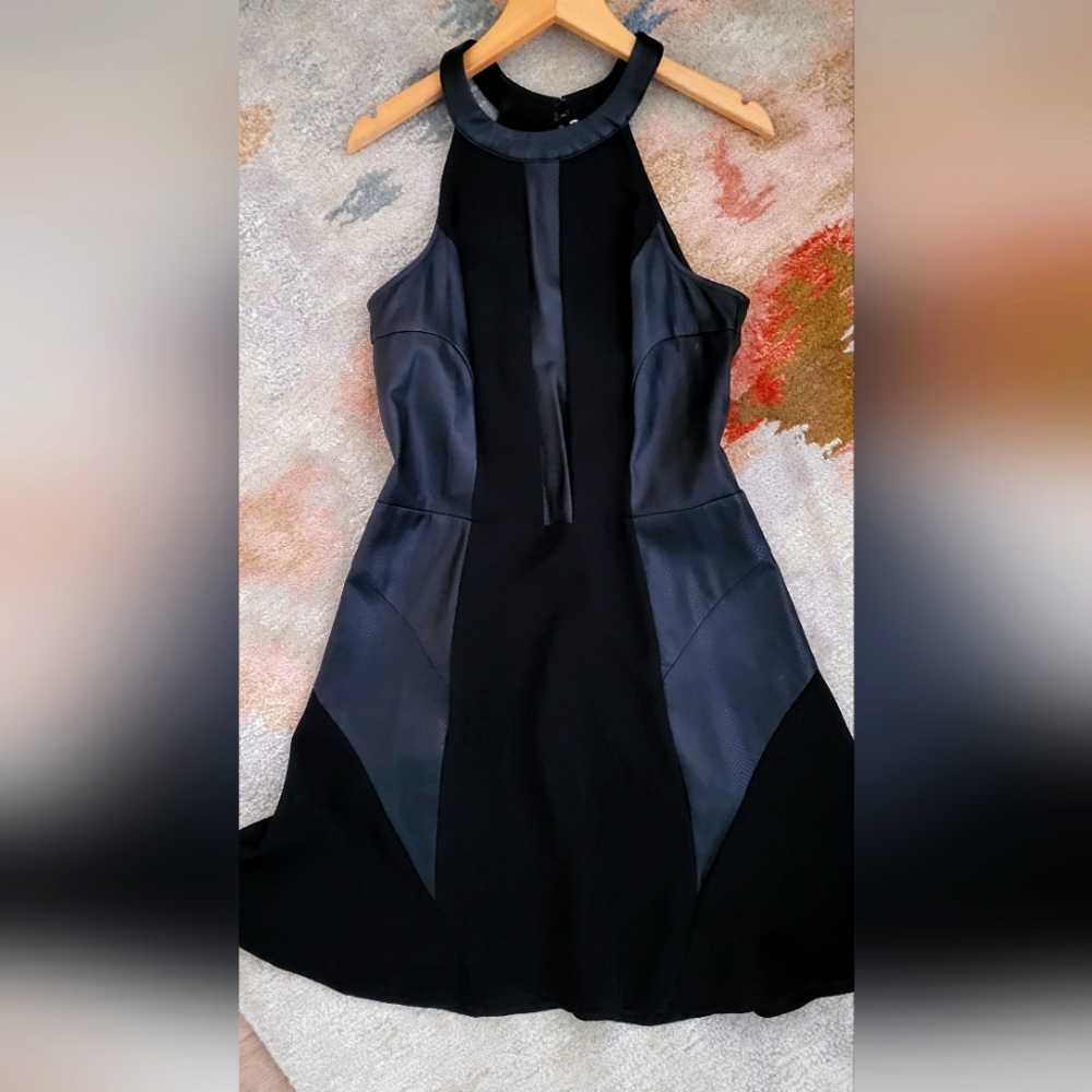 Guess black faux leather accent flounce mini dress